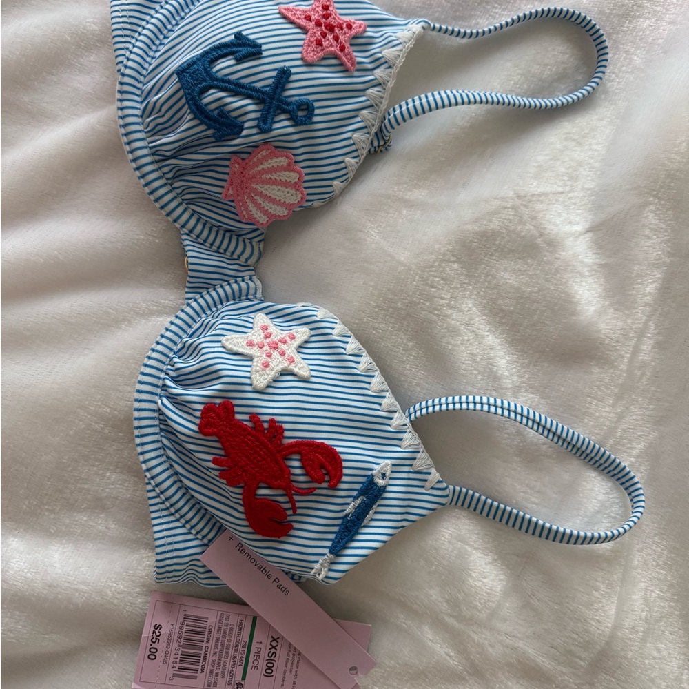 Kids Blue Stripe Nautical Swim Top with Embroidered Sea Motifs